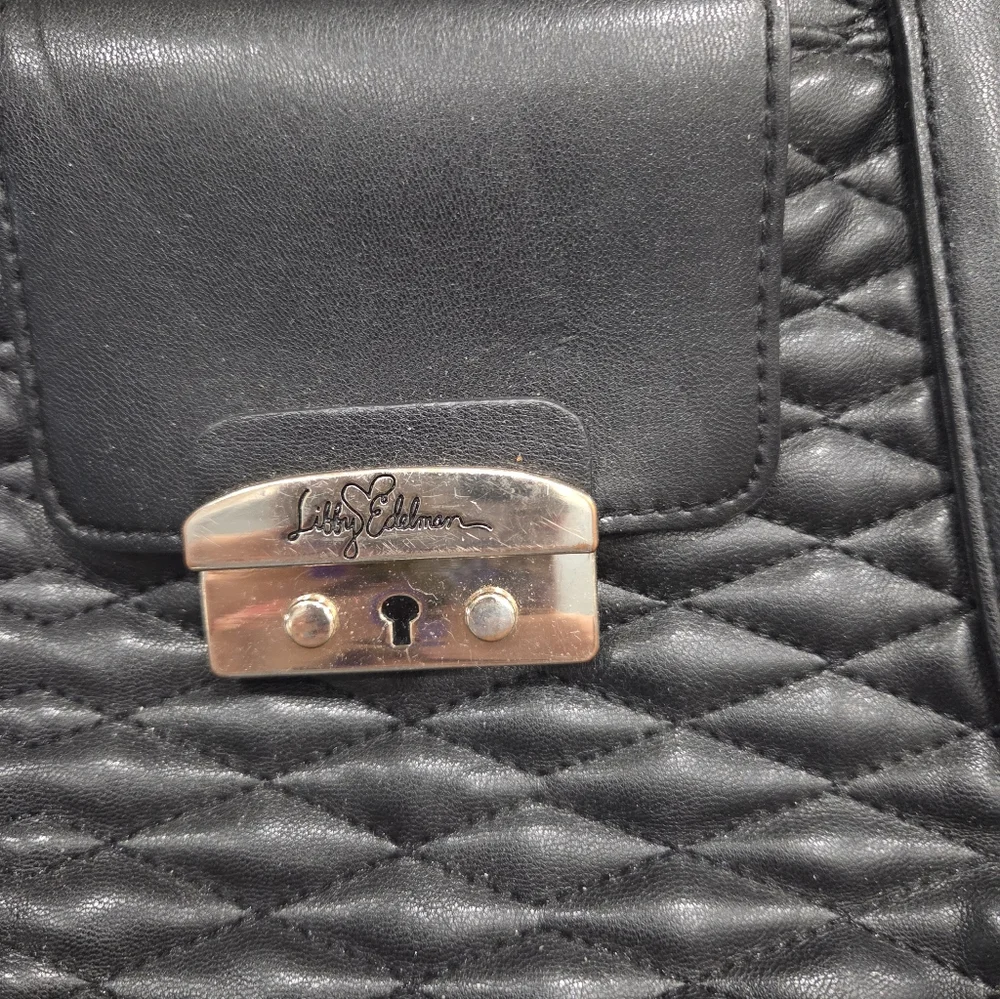 LIBBY EDELMAN BLACK QUILTED FAUX LEATHER SATCHEL